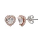 Primrose Two Tone Sterling Silver Cubic Zirconia Heart Halo Stud Earrings, Women's, White