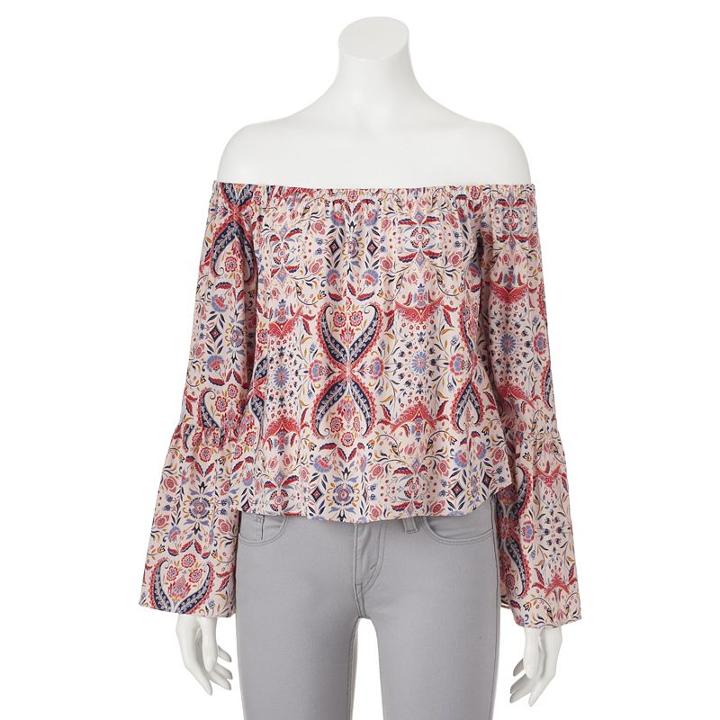 Juniors' Love, Fire Bell Sleeve Off Shoulder Top, Girl's, Size: Small, Beig/green (beig/khaki)