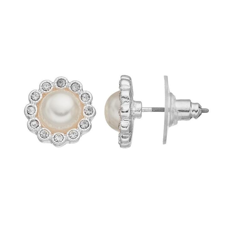 Lc Lauren Conrad Silver Tone Simulated Pearl Cabochon Halo Stud Earrings, Women's, White Oth