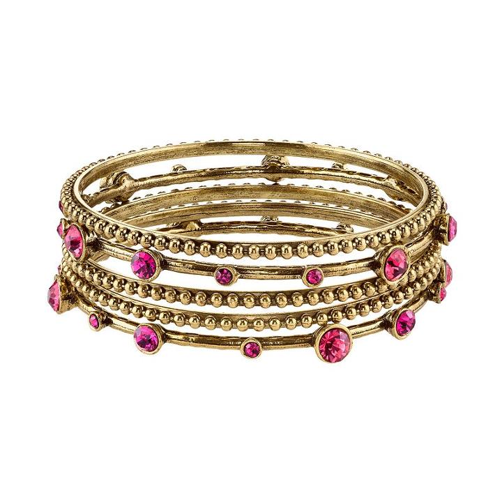 1928 Beaded & Faceted Stone Bangle Bracelet Set, Women's, Size: 8, Pink
