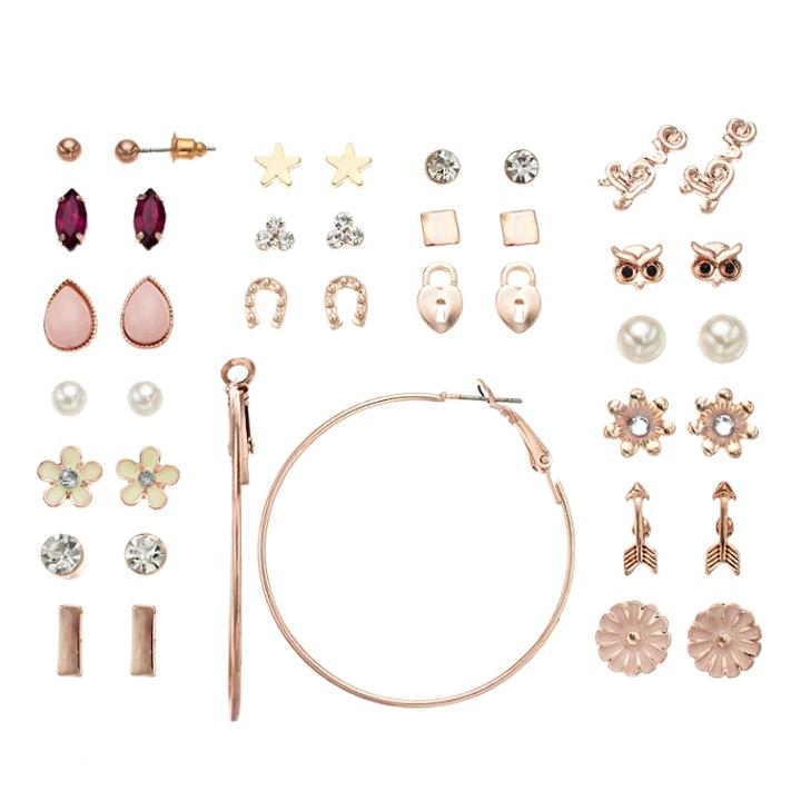 Mudd&reg; Simulated Pearl, Flower, Arrow & Owl Earring Set, Women's, Pink
