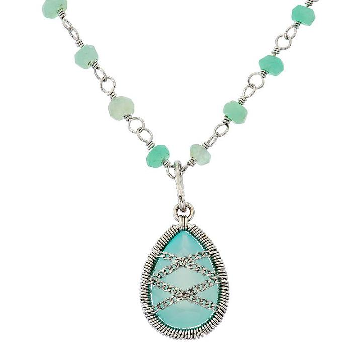 Chalcedony Sterling Silver Chain-wrapped Teardrop Necklace, Women's, Size: 18, Green