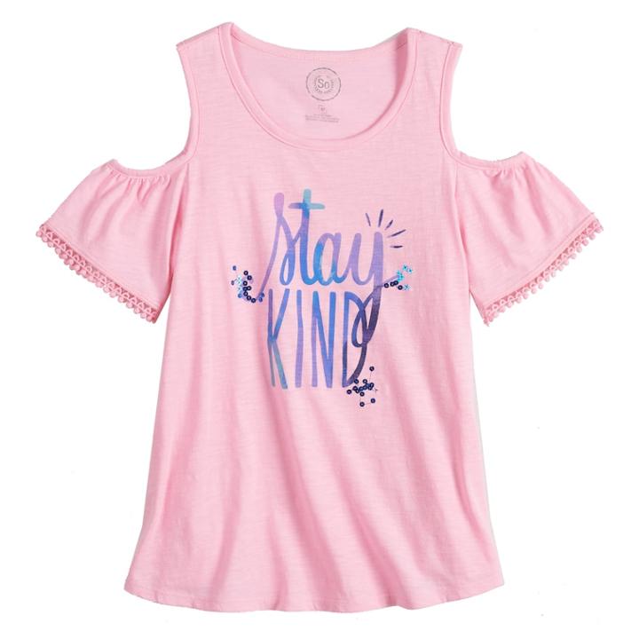 Girls 7-16 & Plus Size So&reg; Cold Shoulder Pom-pom Trim Graphic Tee, Size: 20 1/2, Light Pink