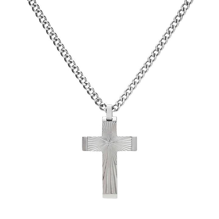 Men's Stainless Steel Sunburst Cross Pendant Necklace, Size: 24, Silver