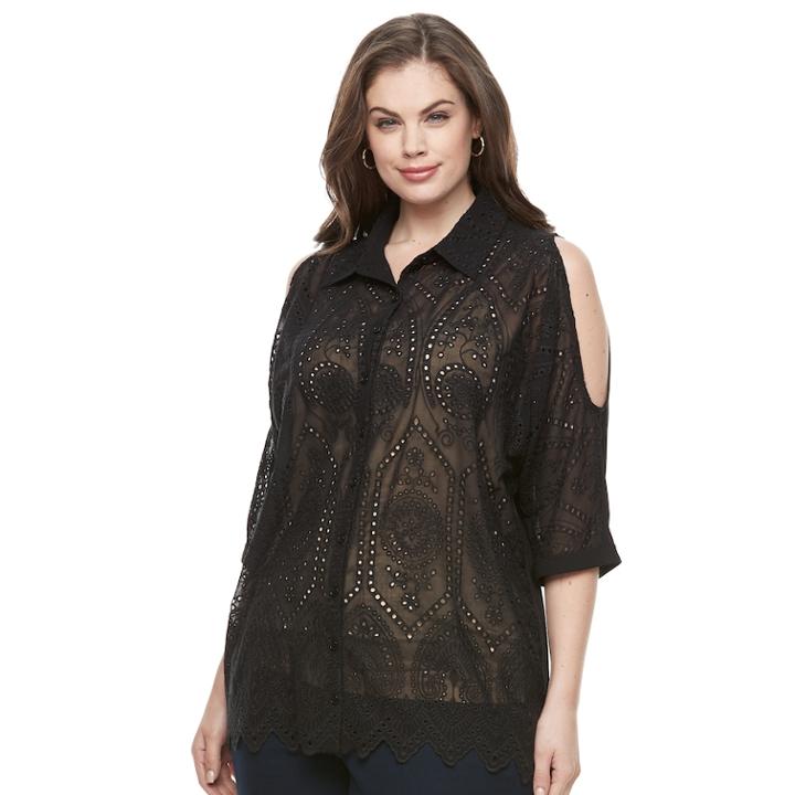 Plus Size Design 365 Pointelle Cold-shoulder Top, Women's, Size: 3xl, Black