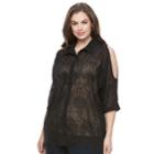 Plus Size Design 365 Pointelle Cold-shoulder Top, Women's, Size: 3xl, Black