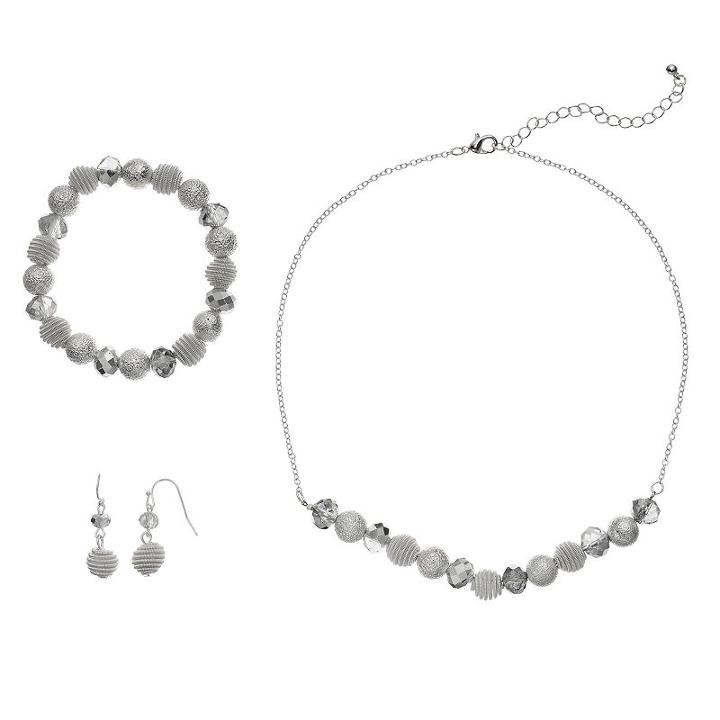 Coiled Bead Necklace, Stretch Bracelet & Drop Earring Set, Women's, Silver