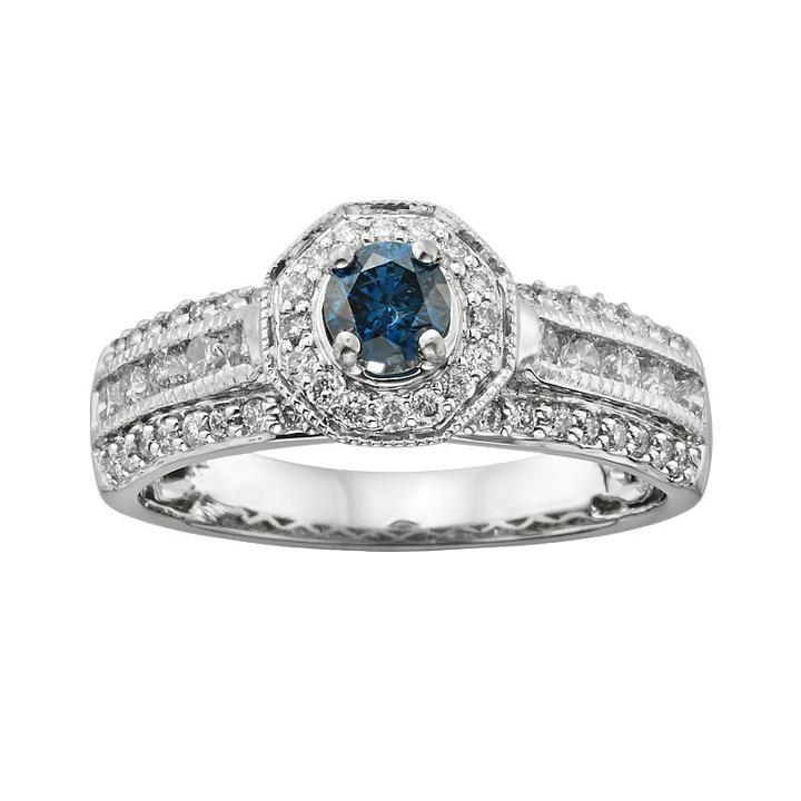 Round-cut Igl Certified Blue And White Diamond Frame Engagement Ring In 14k White Gold (1 Ct. T.w.), Women's, Size: 5