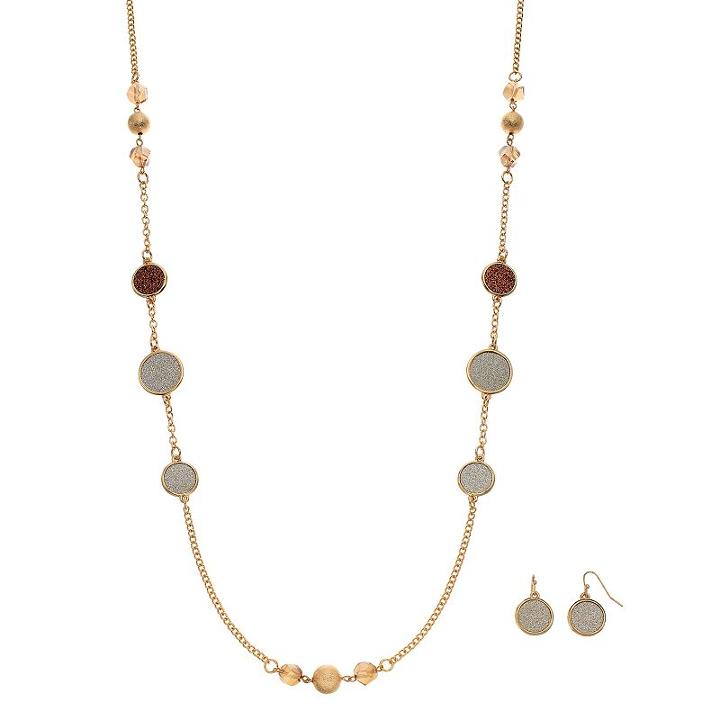 Long Beaded Glittery Disc Necklace & Drop Earring Set, Women's, Brown