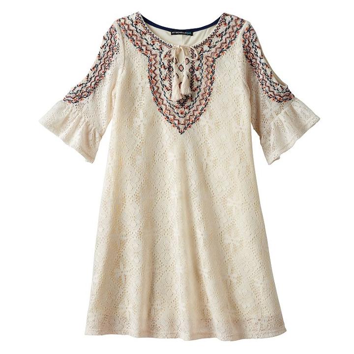 Girls 7-16 My Michelle Crochet Bell Sleeve Cold Shoulder Tie Sheath Dress, Girl's, Size: 8, White Oth