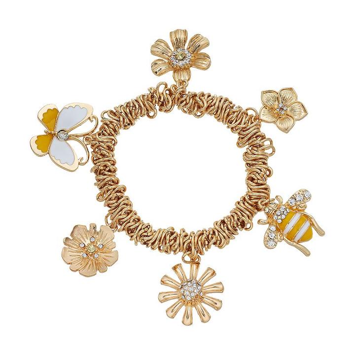 Butterfly, Bee & Flower Charm Stretch Bracelet, Women's, Yellow