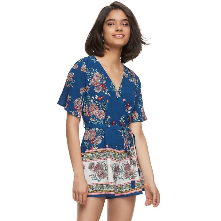 Juniors' Three Pink Hearts Printed Romper, Teens, Size: Small, Dark Blue