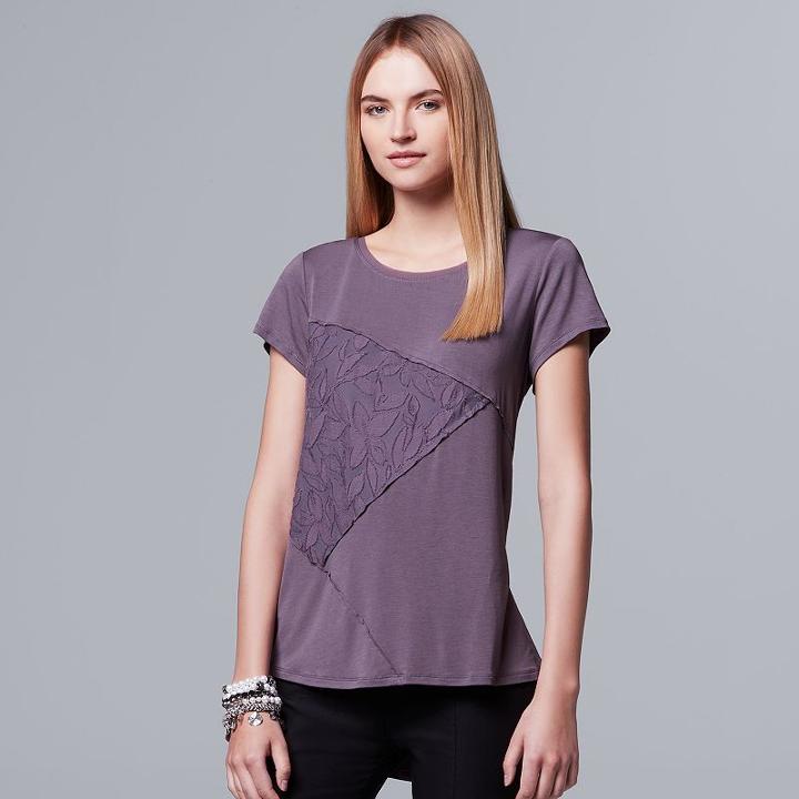 Petite Simply Vera Vera Wang Spliced Jacquard Tee, Women's, Size: L Petite, Med Purple