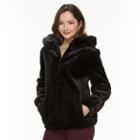 Women's Gallery Hooded Embossed Faux-fur Jacket, Size: Medium, Black