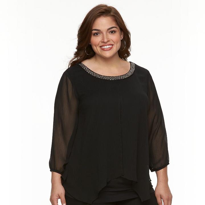 Plus Size Ab Studio Embellished Yoryu Overlay Top, Women's, Size: 3xl, Black