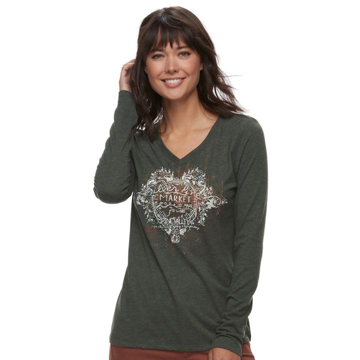 Women's Graphic V-neck Tee, Size: Large, Med Green