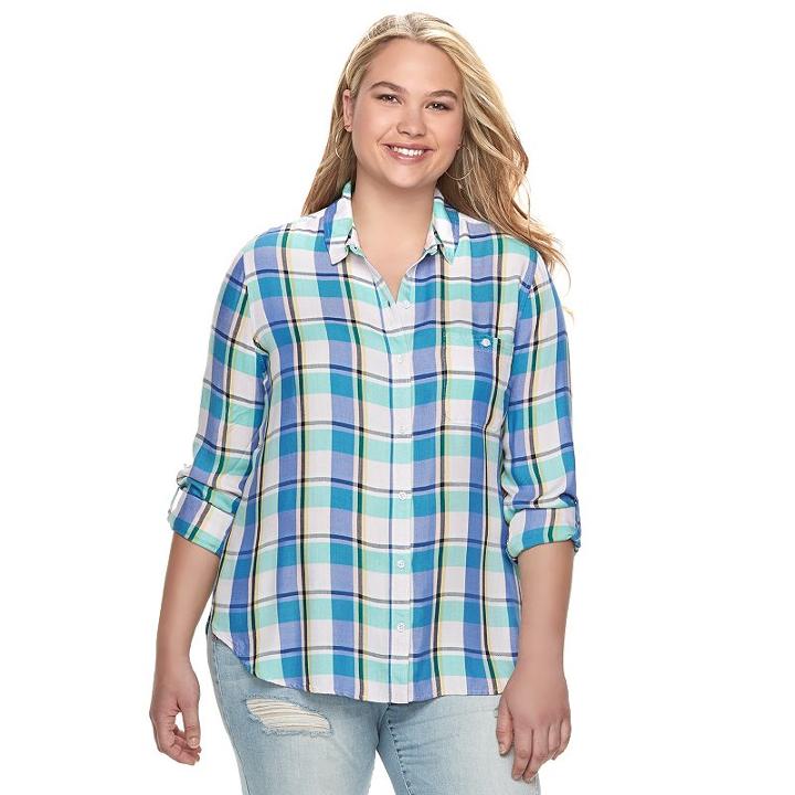 Juniors' Plus Size So&reg; Plaid High-low Shirt, Girl's, Size: 2xl, Blue (navy)