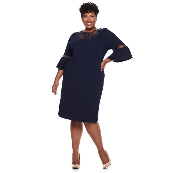 Plus Size Maya Brooke Lace Embroidered Flare-sleeve Dress, Women's, Size: 18 W, Blue (navy)