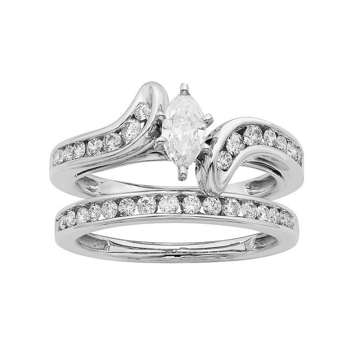14k Gold Igl Certified 1 Carat T.w. Diamond Marquise Bypass Engagement Ring Set, Women's, Size: 6.50, White