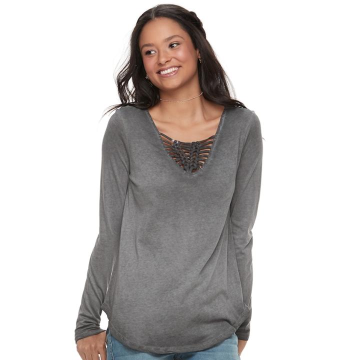 Juniors' Mudd&reg; Macrame Long Sleeve Tee, Teens, Size: Small, Grey (charcoal)