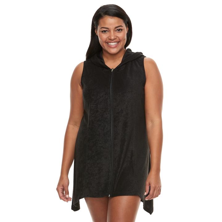 Plus Size Beach Scene Hooded French Terry Cover-up, Women's, Size: 3xl, Black