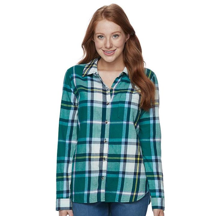 Juniors' So&reg; Pocket Plaid Flannel Shirt, Teens, Size: Medium, Med Green