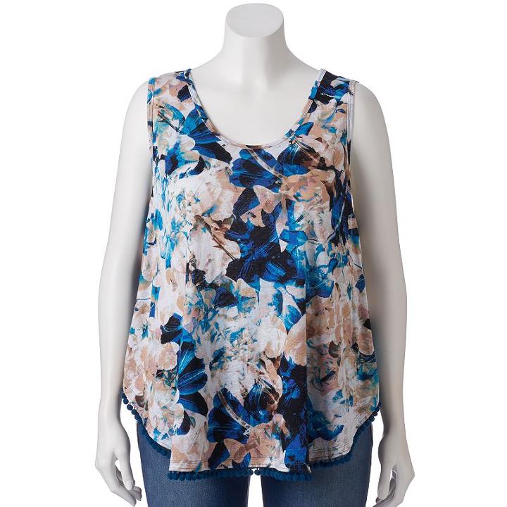 Plus Size Jennifer Lopez Pom-pom Linen Blend Tank, Women's, Size: 0x, Turquoise/blue (turq/aqua)