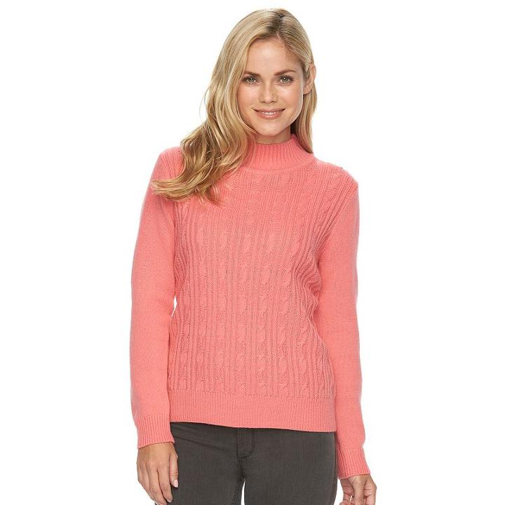 Petite Napa Valley Cable-knit Mockneck Sweater, Women's, Size: L Petite, Med Pink