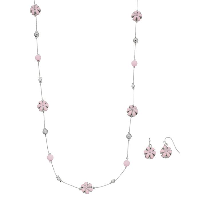 Flower Bead Long Station Necklace & Drop Earring Set, Women's, Pink