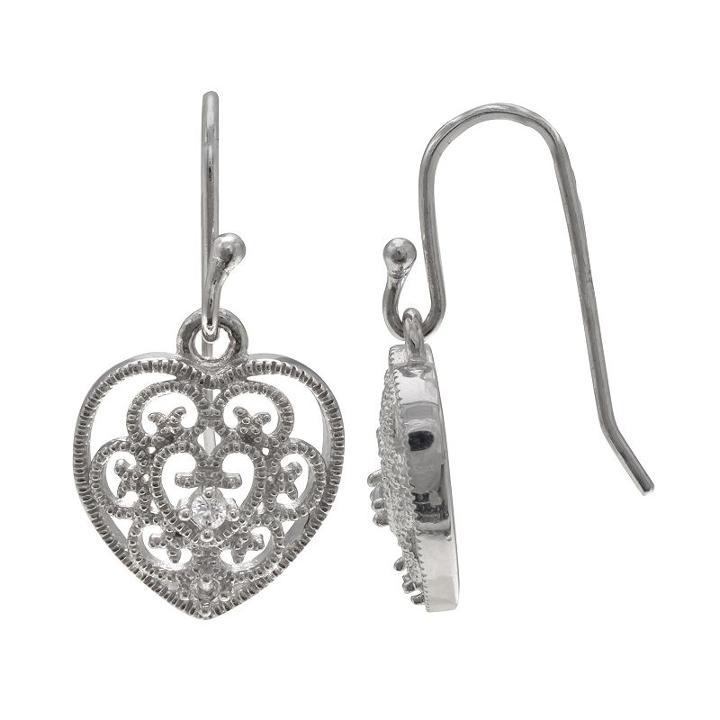 Primrose Sterling Silver Cubic Zirconia Filigree Heart Drop Earrings, Women's, White