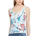Women's Chaps Printed Henley Tank, Size: Small, Pink Ovrfl