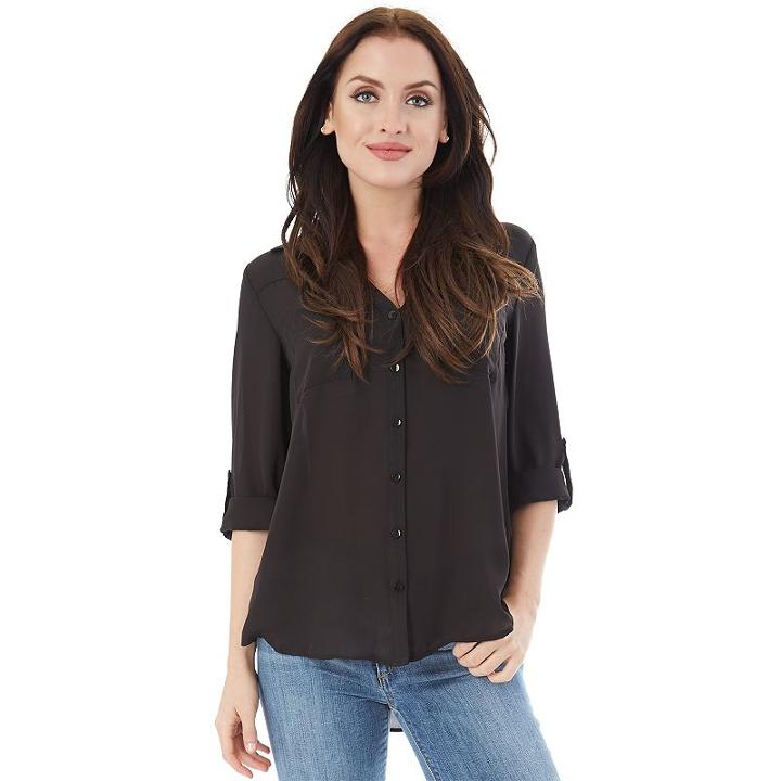 Juniors' Iz Byer California Solid Roll-tab Shirt, Teens, Size: Large, Black