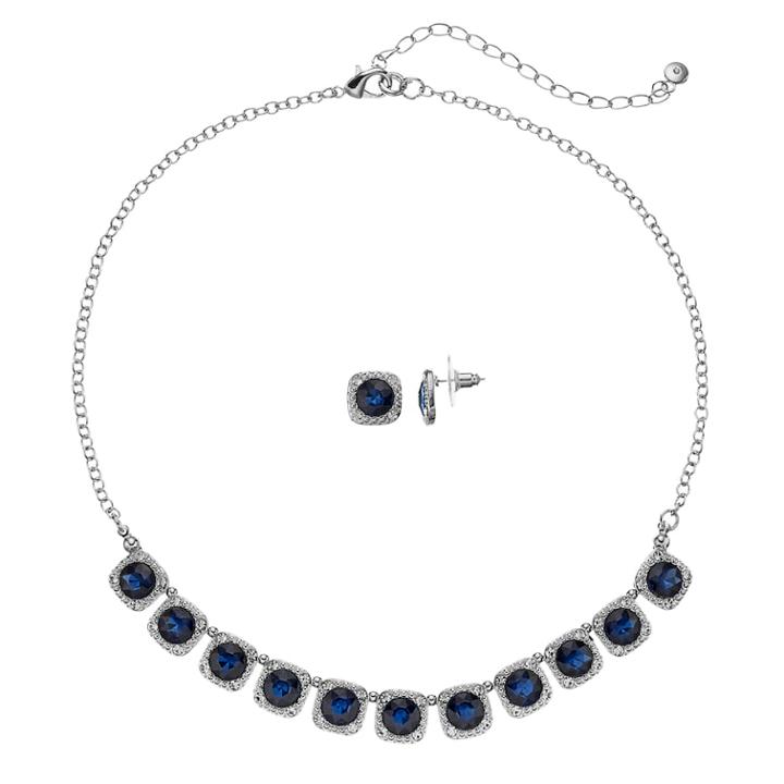Simulated Crystal Square Halo Necklace & Stud Earring Set, Women's, Navy