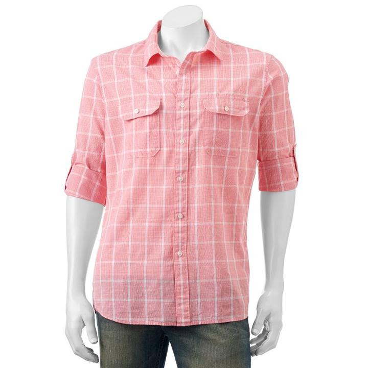Men's Apt. 9&reg; Modern-fit Plaid Roll-tab Button-down Shirt, Size: Medium, Light Red