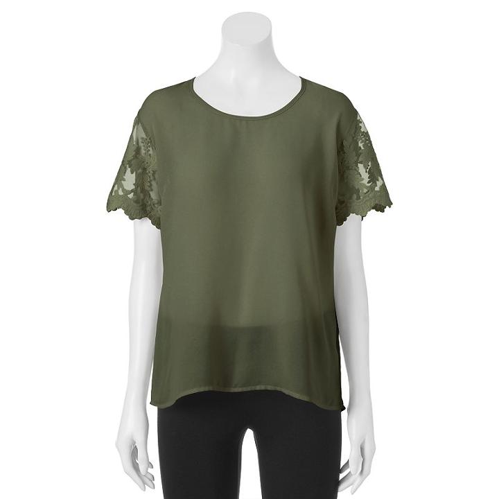 Juniors' Liberty Love Lace Scallop-trim Tee, Girl's, Size: Medium, Dark Green