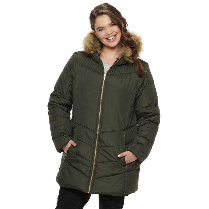 Juniors' Plus Size Pink Envelope Faux-fur Puffer Jacket, Teens, Size: 2xl, Green