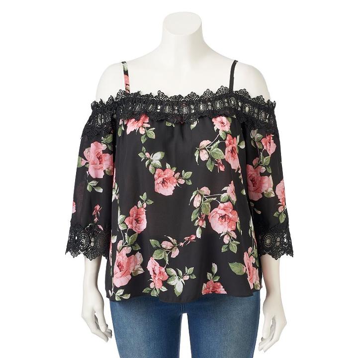 Juniors' Plus Size Iz Byer California Crochet Off The Shoulder Top, Teens, Size: 1xl, Black