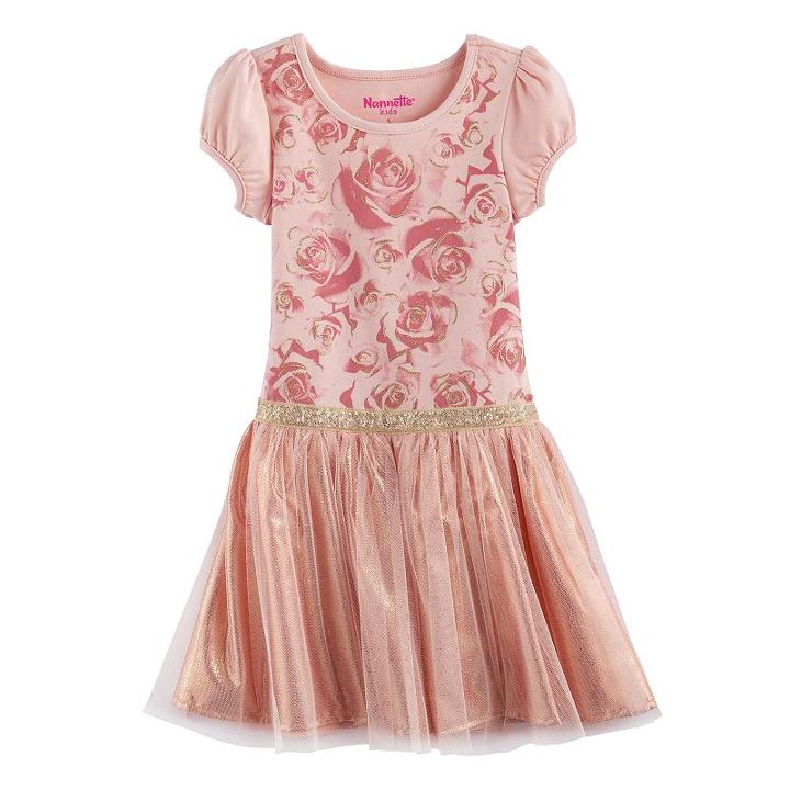 Girls 4-6x Nannette Floral Glitter Print Pleated Dress, Size: 6, Pink