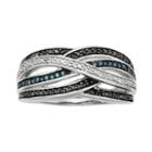 Sterling Silver 1/4-ct. T.w. Blue, Black And White Diamond Crisscross Ring, Women's, Size: 6, Multicolor