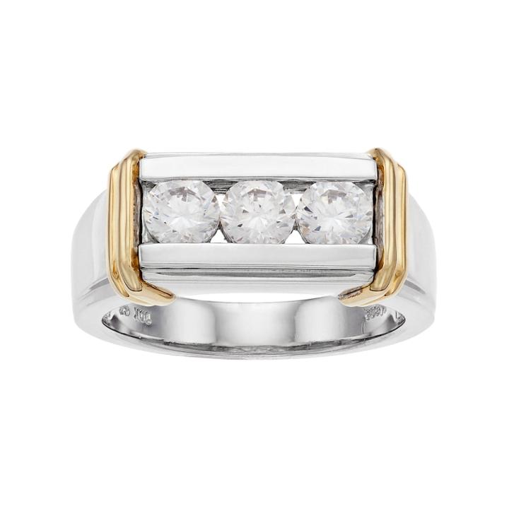 Men's Two Tone Sterling Silver Cubic Zirconia 3-stone Ring, Size: 10, White