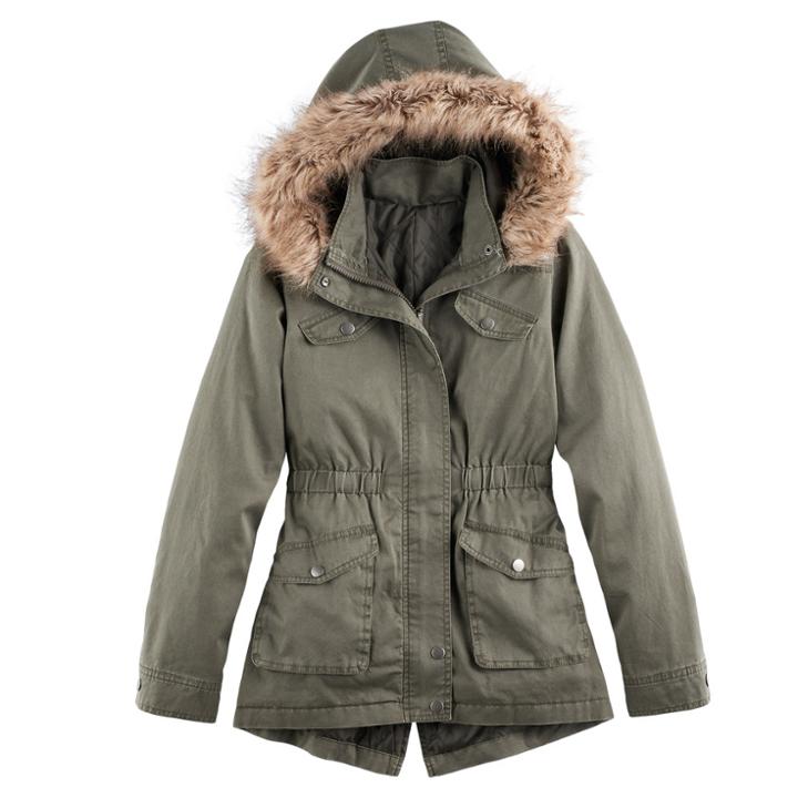 Girls 7-16 So&reg; Midweight Faux-fur Trim Anorak Jacket, Size: 7-8, Dark Green