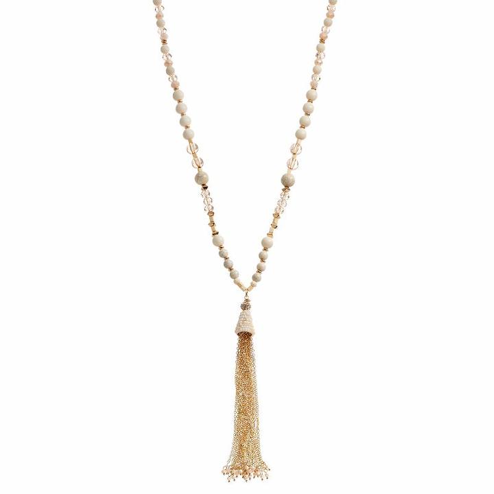 Brown Bead Long Tassel Y Necklace, Women's, Beige Oth