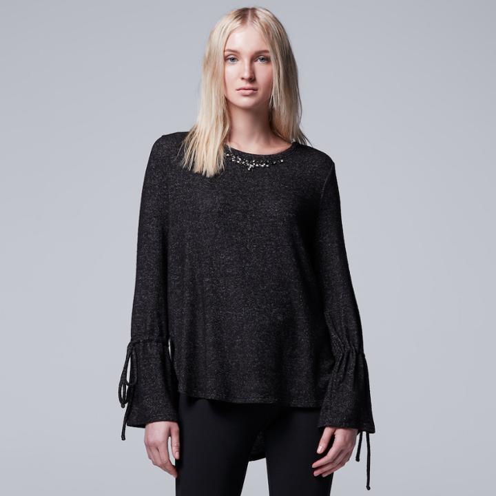 Women's Simply Vera Vera Wang Embellished Tie Accent Top, Size: Large, Dark Grey