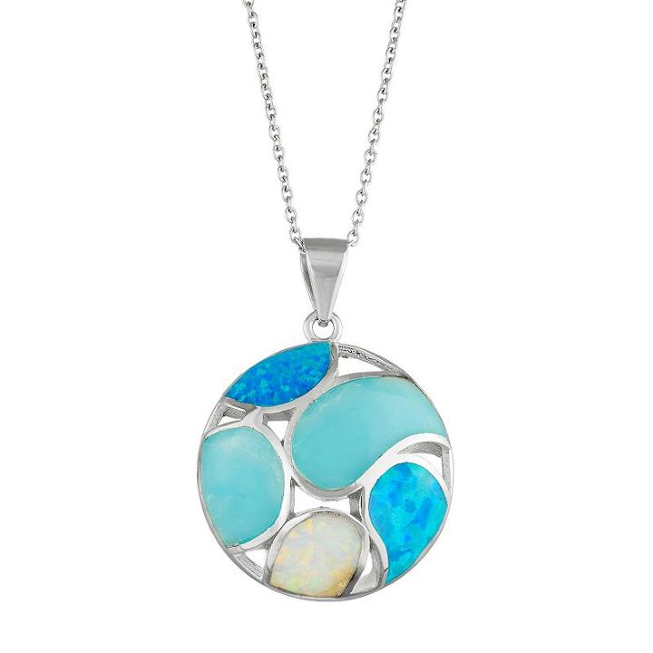 Sterling Silver Lab-created Opal & Larimar Circle Pendant, Women's, Blue