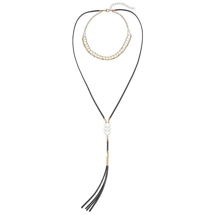 Layered Cube Bead Choker & Gray Faux Suede Tassel Necklace, Women's, Gold