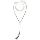 Layered Cube Bead Choker & Gray Faux Suede Tassel Necklace, Women's, Gold