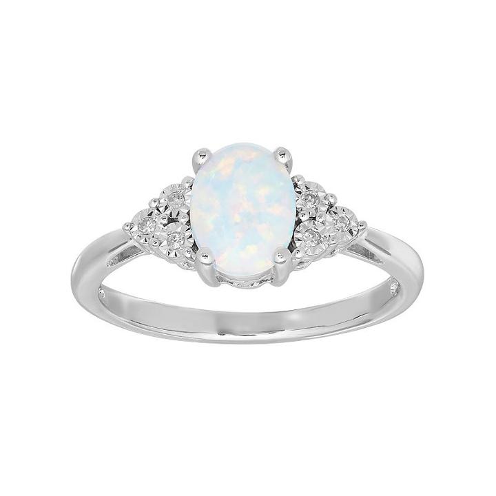 Sterling Silver Lab-created Opal & Diamond Accent Oval Ring, Women's, Size: 7, White