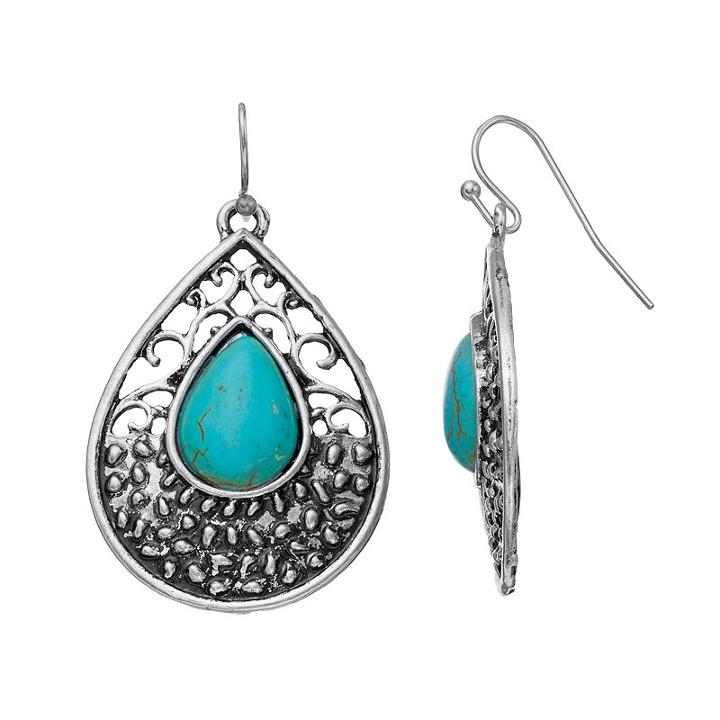 Simulated Turquoise Cabochon Nickel Free Filigree Teardrop Earrings, Women's, Turq/aqua