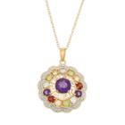 Gemstone 18k Gold Over Silver Flower & Greek Key Pendant Necklace, Women's, Size: 18, Multicolor