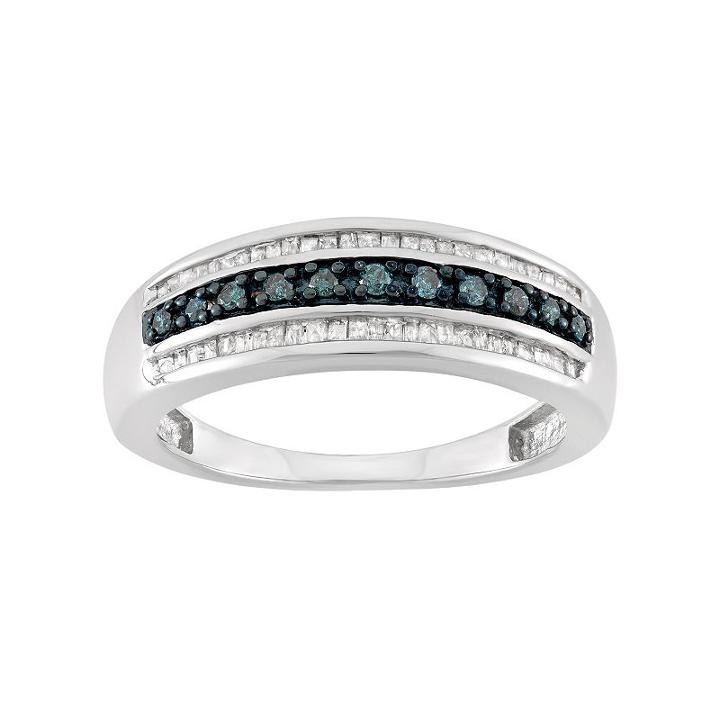1 Carat T.w. Blue & White Diamond Sterling Silver 3-row Ring, Women's, Size: 7
